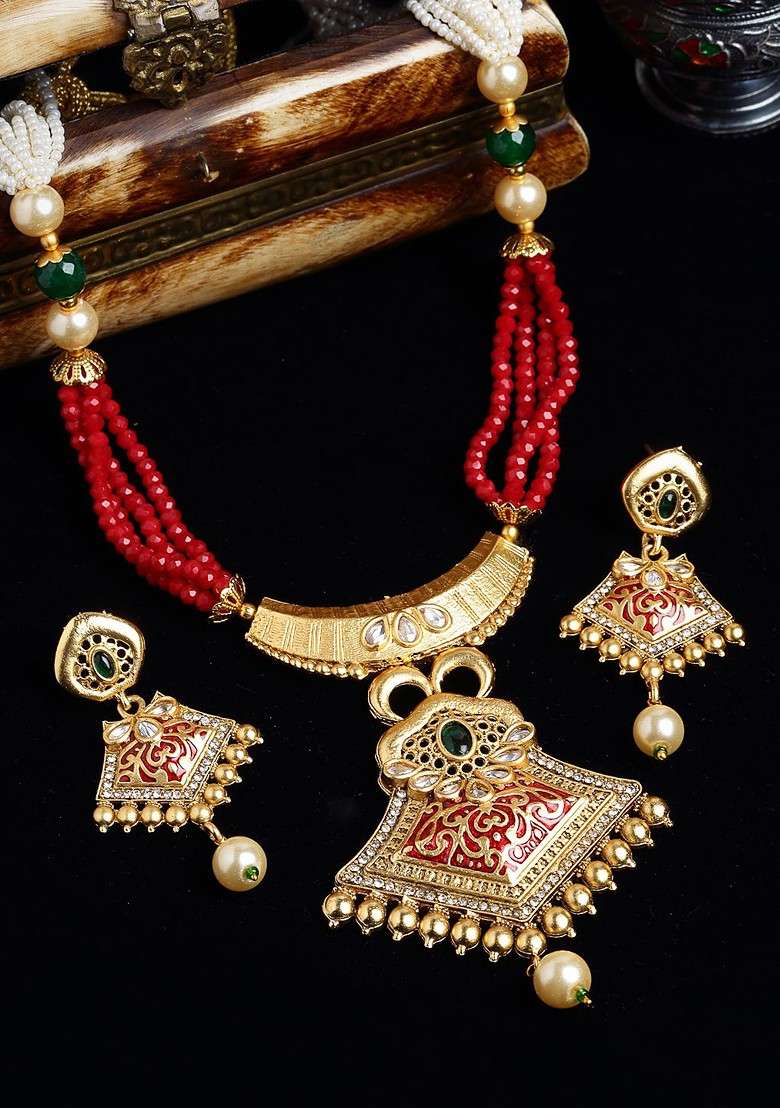 Gold Plated And Red Stone Studded And Beaded Jewellery Set - Indya