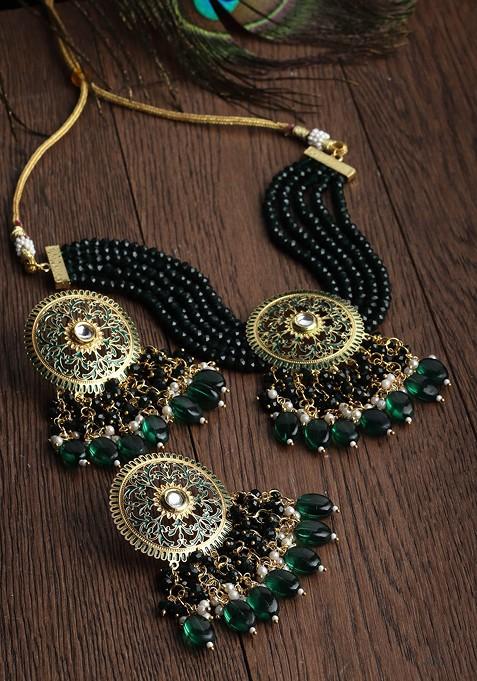 Gold Plated White And Green Kundan Studded And Beaded Vilandi Jewellery Set