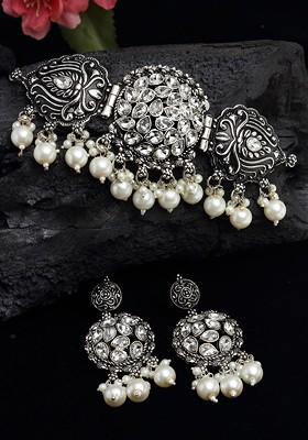 Silver Toned White Stone Studded Choker Jewellery Set