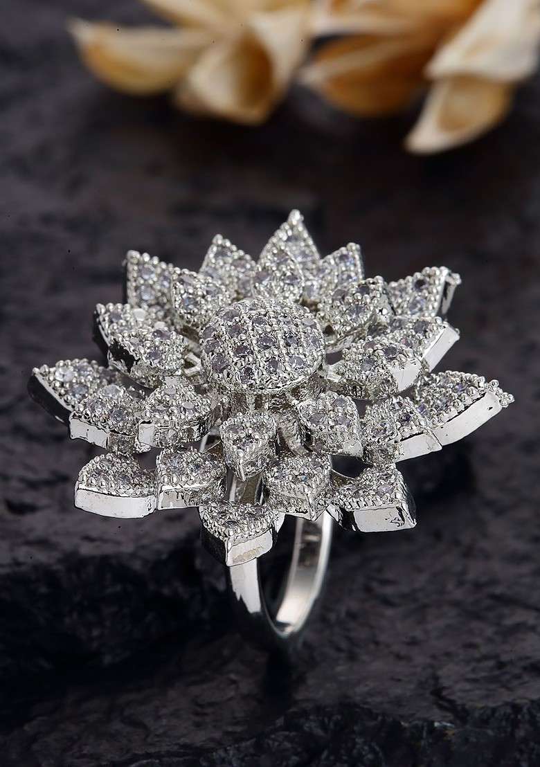 Silver Plated White CZ Studded Solitaire Adjustable Finger Ring - Indya