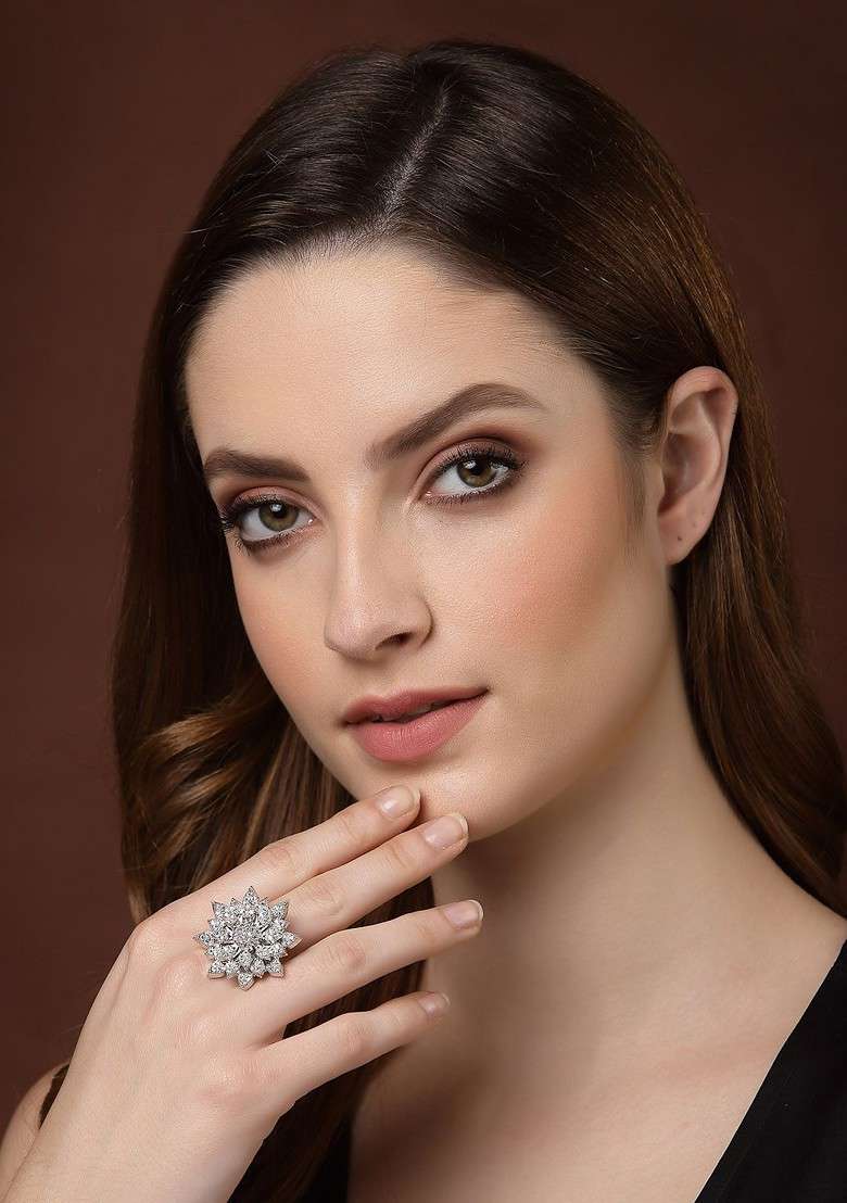 Silver Plated White CZ Studded Solitaire Adjustable Finger Ring - Indya
