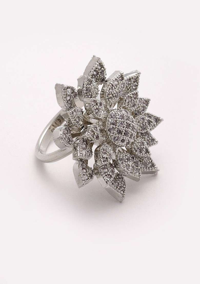 Silver Plated White CZ Studded Solitaire Adjustable Finger Ring - Indya