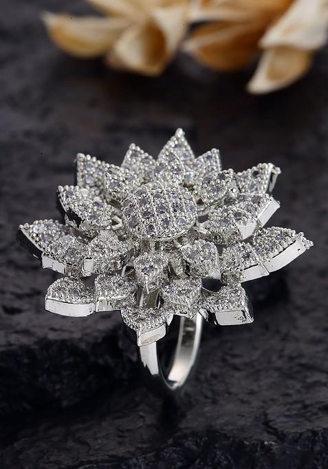 Silver Plated White CZ Studded Solitaire Adjustable Finger Ring