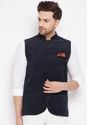 Men Navy Blue Woven Design Nehru Jacket