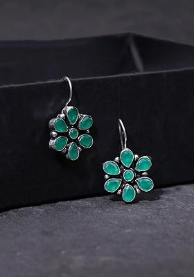 Green And Silver Toned Floral Oxidized Drop Earrings