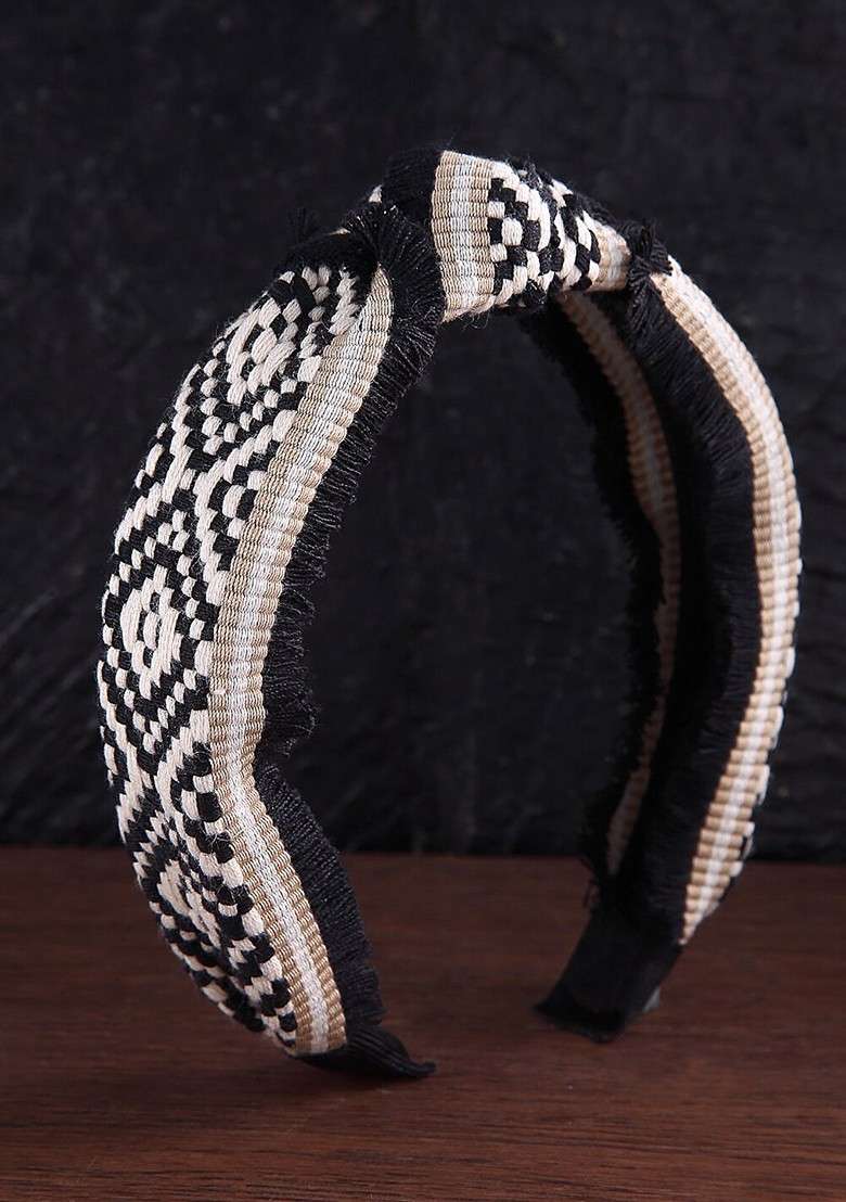 Women Black And White Embellished Hairband - Indya