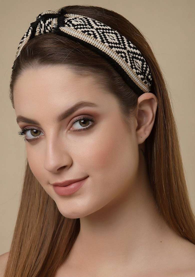 Women Black And White Embellished Hairband - Indya