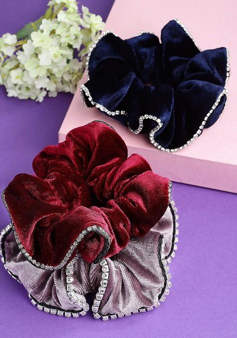 Women Set of 3 Blue And Maroon Embellished Ponytail Holders