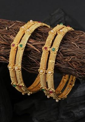 Set Of 4 Gold Plated Red And Green Stone Studded Bangles