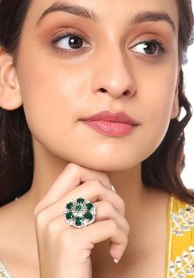 Rhodium Plated Silver Toned And White Ad Studded Finger Ring