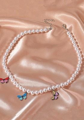 White Gold Plated Pearl And Butterfly Chain Necklace