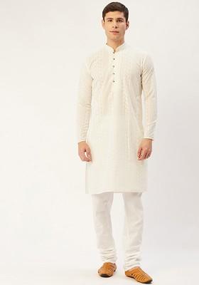 Cream Coloured Embroidered Thread Work Pure Cotton Kurta With Churidar
