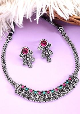 Oxidised Silver Toned Green And Pink Stone Studded Lakshmi Jewellery Set