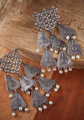 Silver Plated Oxidised Contemporary Drop Earrings