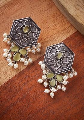 Silver Plated And Grey German Silver Oxidised Contemporary Drop Earrings