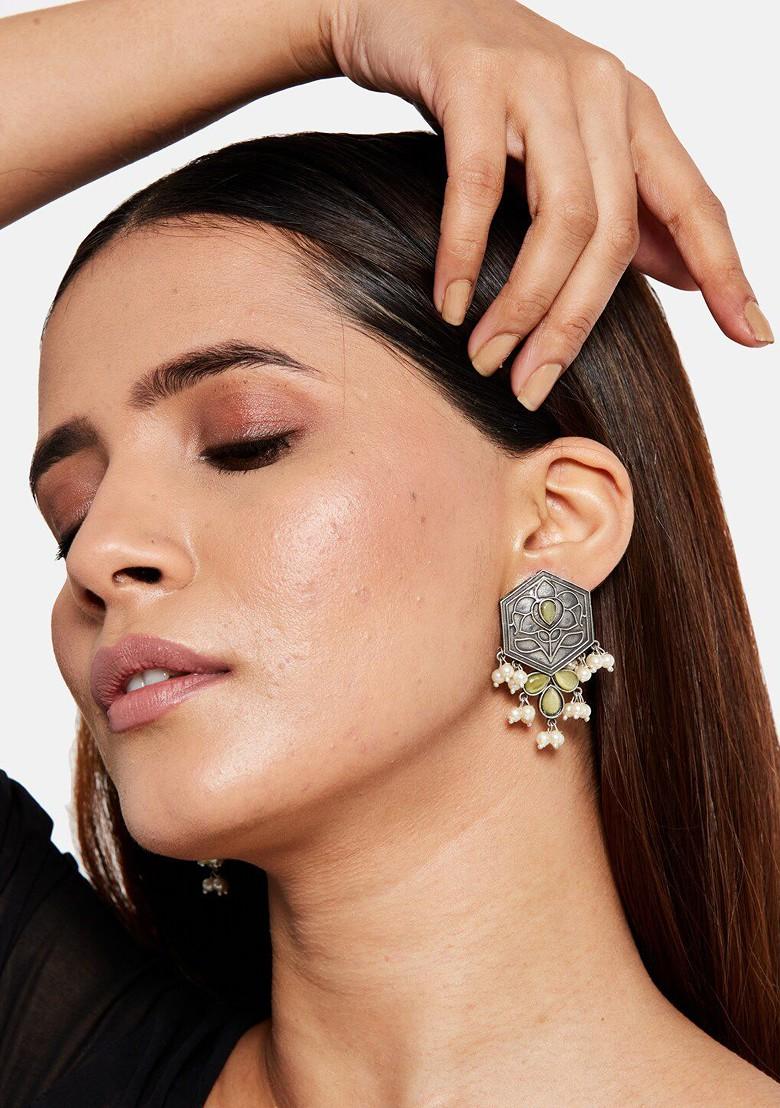 Silver Plated And Grey German Silver Oxidised Contemporary Drop Earrings