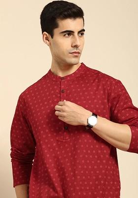 Men Red Printed Pure Cotton Straight Kurta