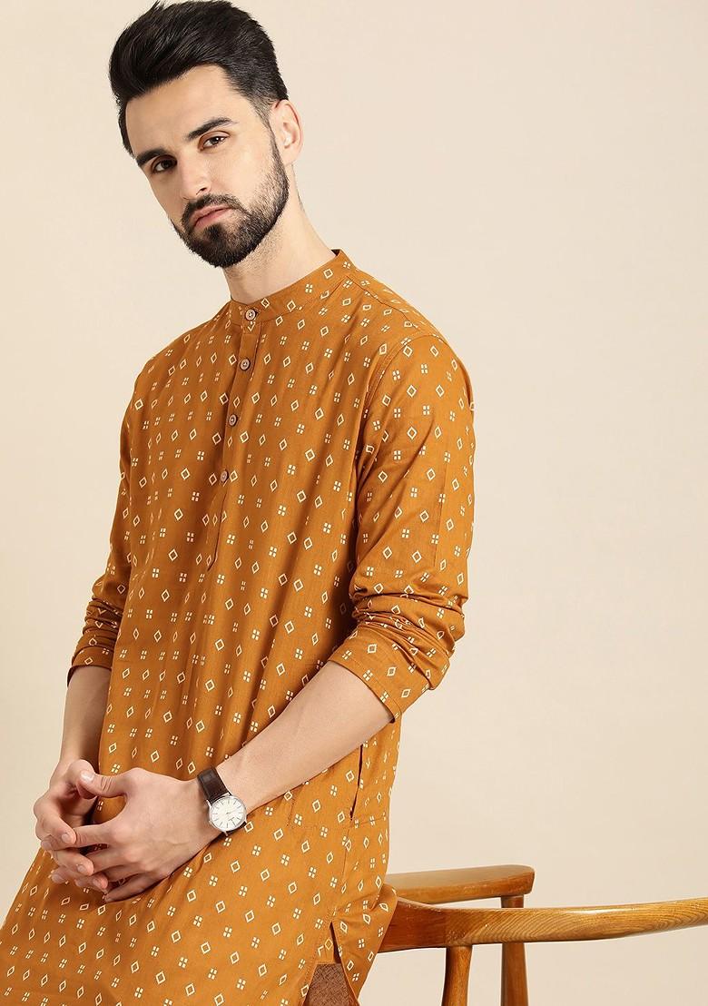 Buy Men Mustard Yellow And White Geometric Printed Kurta - Main Image