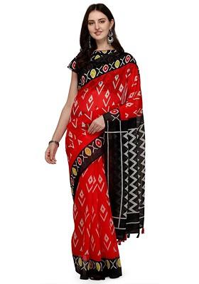 Red And Black Ethnic Motifs Linen Blend Block Print Saree