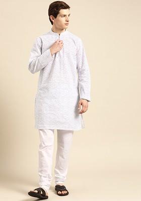 Men White And Purple Printed Pure Cotton Kurta Set
