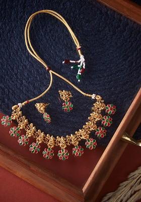 Woman Gold Plated Maroon And Green Stone Studded Jewellery Set