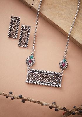 Oxidised Silver Plated Red And Green Stone Studded Long Jewellery Set