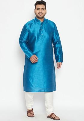 Plus Size Men Turquoise Blue Solid Silk Kurta Set