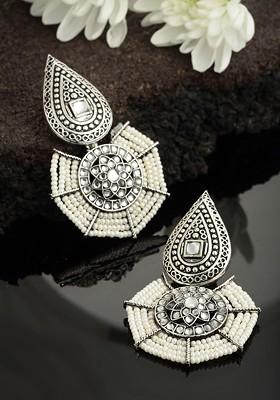 Silver Toned And White Geometric Drop Earrings