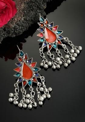 Silver Toned Oxidized Silver Toned Enamelled Drop Earrings