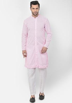 Men Pink Ethnic Motifs Embroidered Pure Cotton Kurta With Trousers