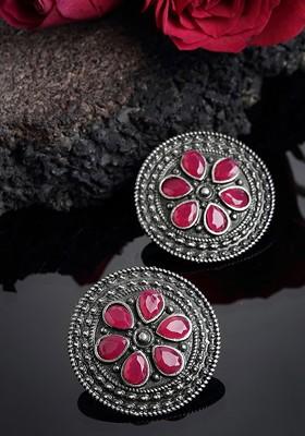 Oxidized Pink Stone Studded Circular Stud Earrings