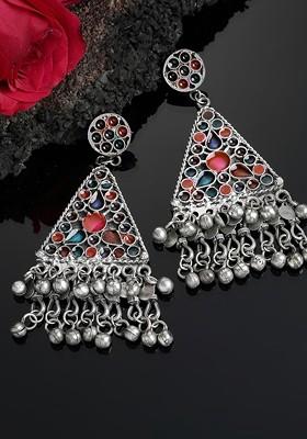 Silver Toned Oxidized Multicoloured Enamelled Geometric Shaped Drop Earrings