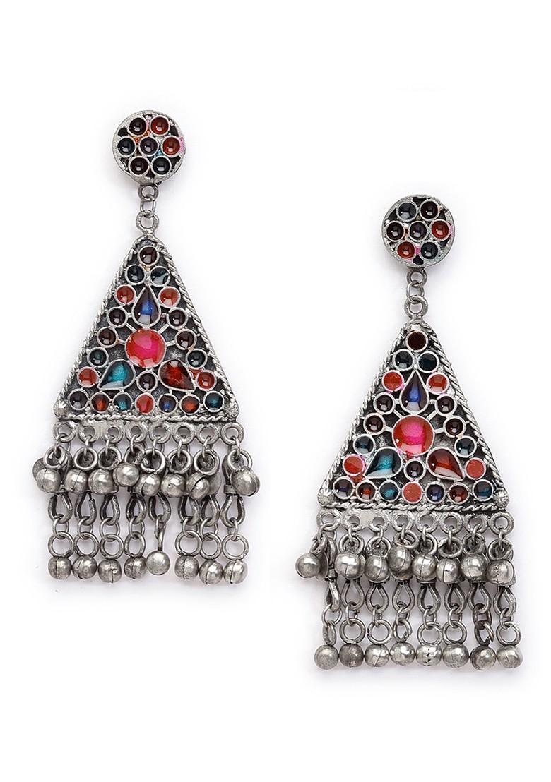 Silver Toned Oxidized Multicoloured Enamelled Geometric Shaped Drop Earrings