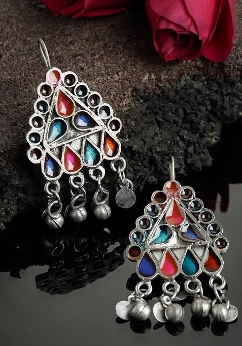 Oxidized Silver Toned Multicoloured Enamelled Geometric Shaped Drop Earrings