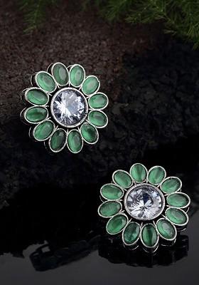 Oxidized Silver  Toned Green Stone Studded Floral Stud Earrings