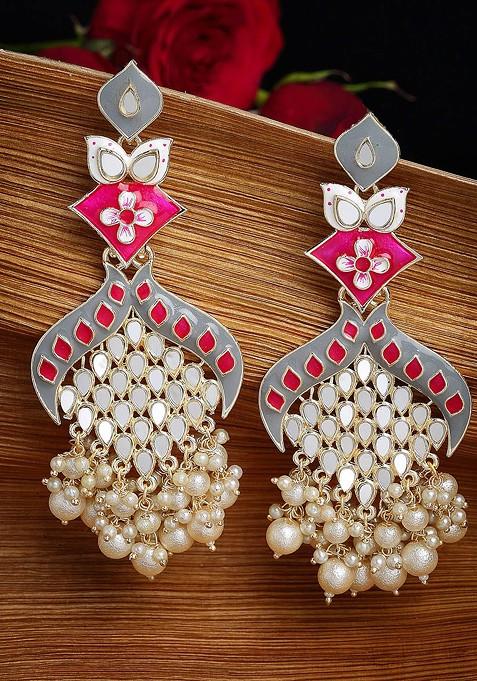 Gold Plated Mirror Work Meenakari Floral Pearl Drop Earrings