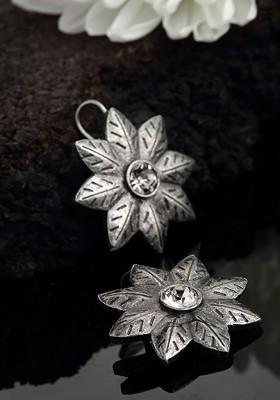 Oxidized Silver Toned Floral Shaped Drop Earrings