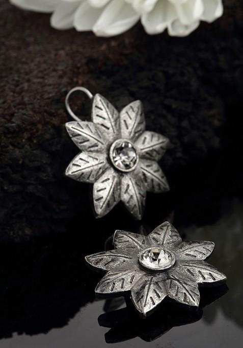 Oxidized Silver Toned Floral Shaped Drop Earrings