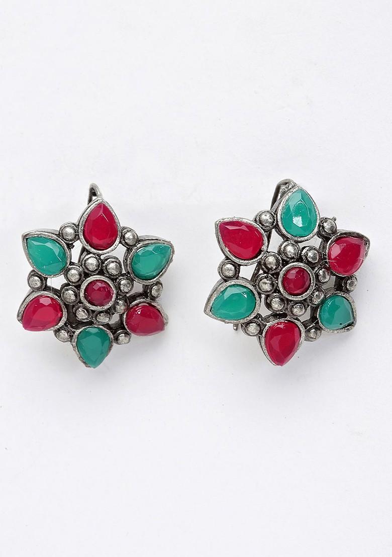 Oxidized Silver Toned Floral Shaped Stud Earrings