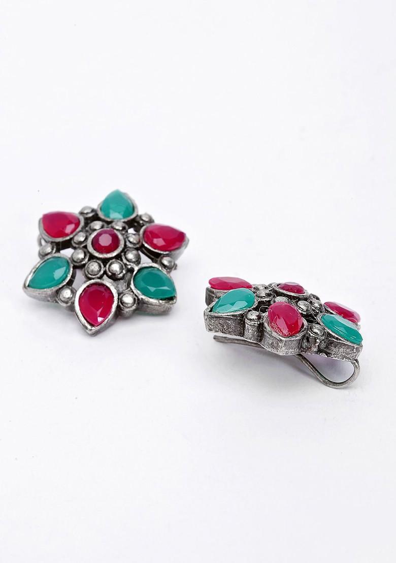 Oxidized Silver Toned Floral Shaped Stud Earrings