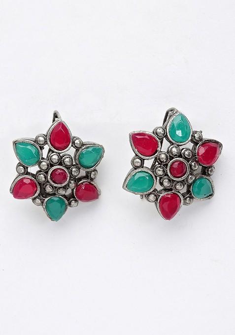 Oxidized Silver Toned Floral Shaped Stud Earrings