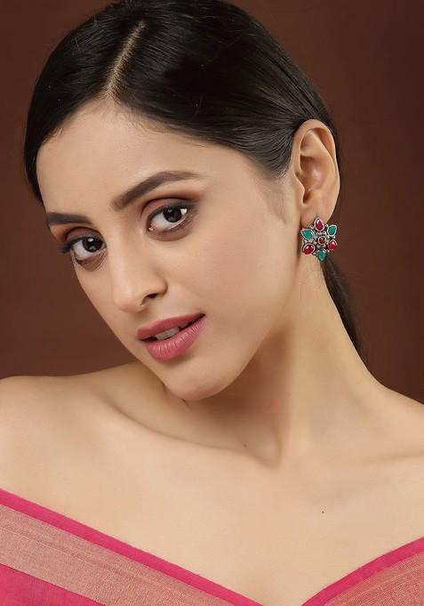 Oxidized Silver Toned Floral Shaped Stud Earrings