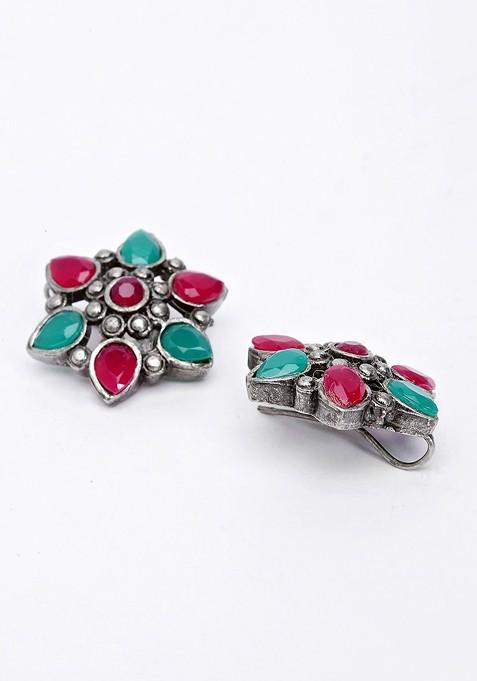 Oxidized Silver Toned Floral Shaped Stud Earrings
