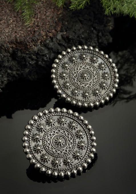 Oxidized Silver Toned Oversized Circular Stud Earrings