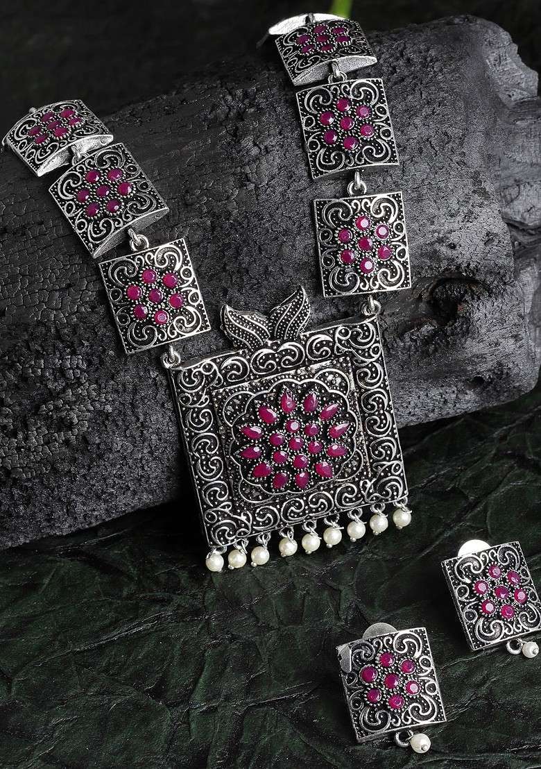 Silver Toned Pink Stone Studded Oxidized Jewellery Set - Indya