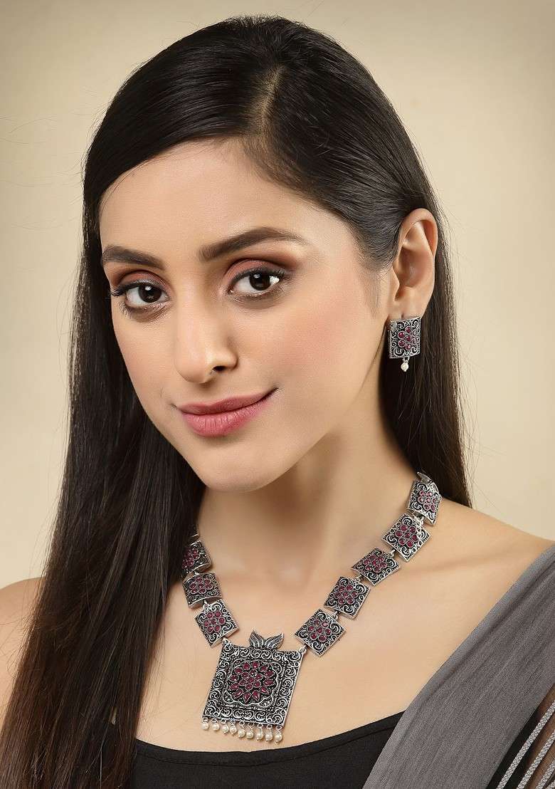 Silver Toned Pink Stone Studded Oxidized Jewellery Set - Indya