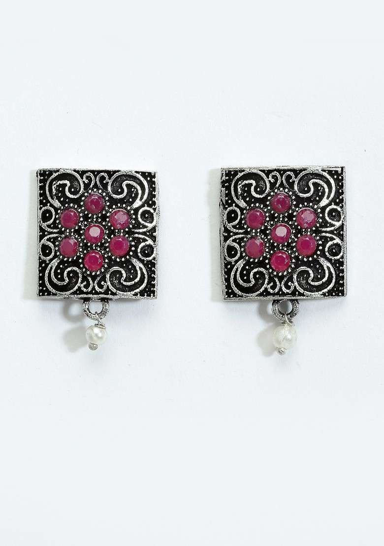 Silver Toned Pink Stone Studded Oxidized Jewellery Set - Indya