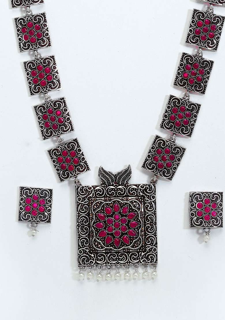 Silver Toned Pink Stone Studded Oxidized Jewellery Set - Indya