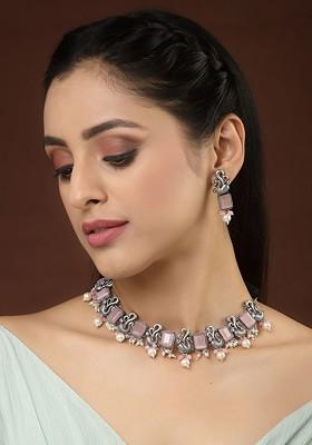 Oxidized Silver Toned Pink Peacock Shaped Pearl Choker Necklace With Earrings