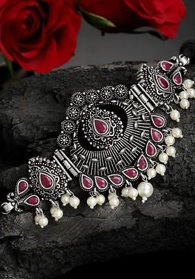Oxidized Silver Toned Pink Stone Studded Pearl Choker Necklace